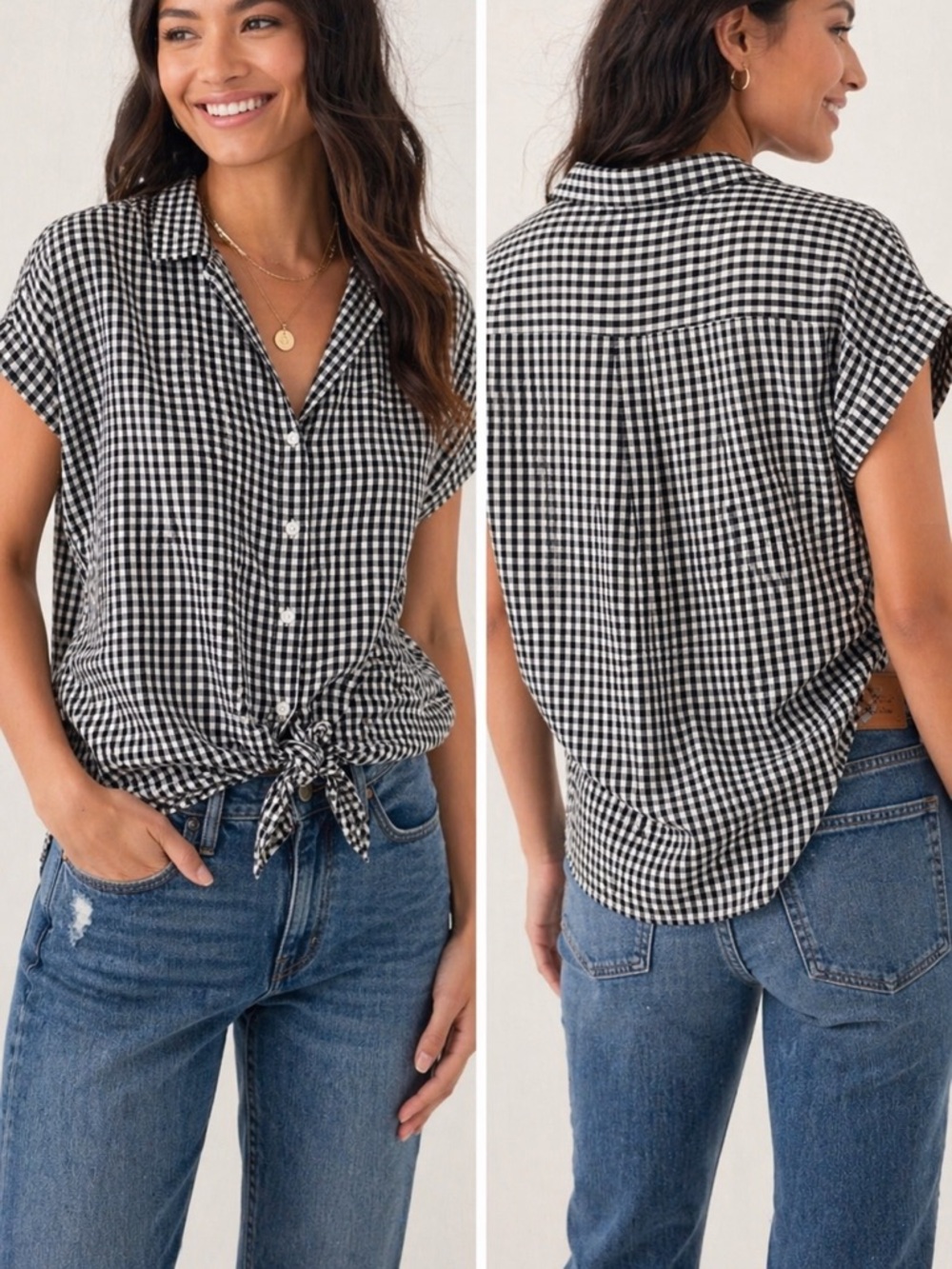 Lucky Brand Gingham Button Front Tie Top Womens M Black White
